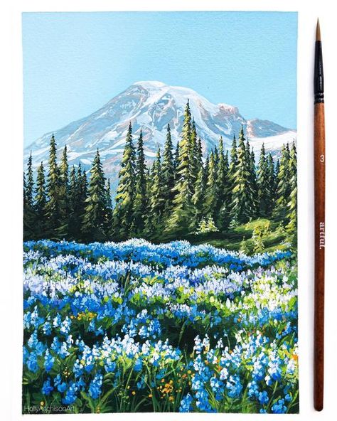 Cottage Core Landscape Painting, Landscape Drawings Mountain, Paint Snowy Mountains, Mountain Flower Painting, Landscape Acrilyc Painting, Mount Rainier Painting, Gouache Painting Mountains, Mountain Flowers Painting, Canvas Painting Ideas Mountains