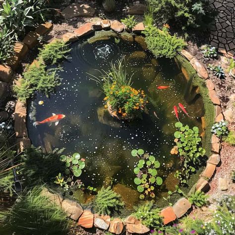 Small Koi Fish Pond, Water Ponds Ideas Backyards, Koi Fish Pond Backyard, Modern Koi Pond, Indoor Koi Pond, Cottage Pond, Koi Fish Garden, Pond Landscaping Ideas, Koi Pond Ideas