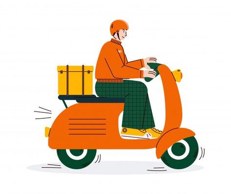 Delivery Man Illustration, Delivery Illustration, Riding Scooter, Disney Movie Posters, Motorcycle Illustration, Vector Character Design, Outline Illustration, Vector Food, Man Illustration