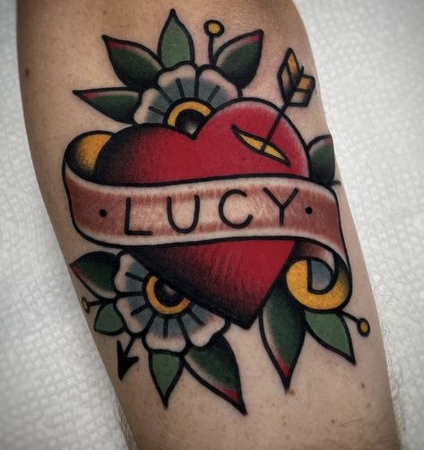 Traditional Love Heart Tattoo, Colorful American Traditional Tattoo, Trad Heart Tattoo, Ripley Tattoo, Traditional Tattoo Names, Mum Heart Tattoo, Traditional Tattoo Love, Mum Tattoos, Traditional Swallow Tattoo