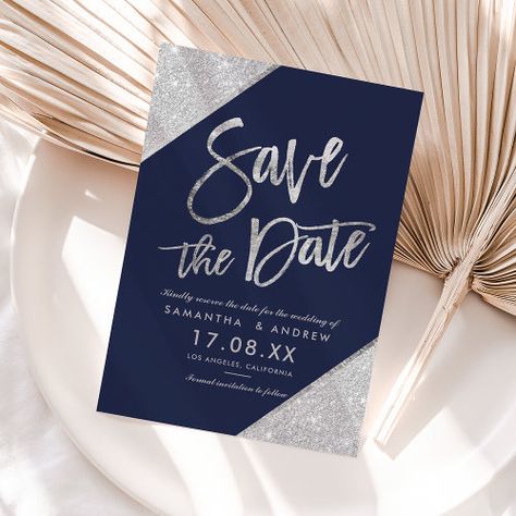 Silver Glitter Script Navy Blue Save The Date #zazzle #weddinginvitations #birthdayinvitations #babyshowerinvitations #zazzleinvitations #monogram #businesscards #graduation #homedecor Wedding Ideas Blue And Silver, Silver And Blue Wedding, Navy Blue Invitations, Navy Blue And Silver Wedding, Navy Blue Save The Date, Chic Save The Date, Silver Typography, Blue And Silver Wedding, 2026 Wedding