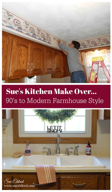 Taking our old 90's outdated kitchen and making it over into a modern farmhouse style on a budget.  From Sue's Creative Workshop www.sueeldred.com  #Kitchen #makeover #remodel #home #diy #farmhousedecor #farmhousekitchen #frenchcountry #homedecor #decorating Farmhouse Kitchen On A Budget Diy, 90s Kitchen Makeover, Transform 90s Kitchen, Early 2000s Kitchen Remodel, 90s Farmhouse, Diy Kitchen Remodel On A Budget, 90s Kitchen Update, 90s House Remodel, 90s Kitchen Remodel Before And After