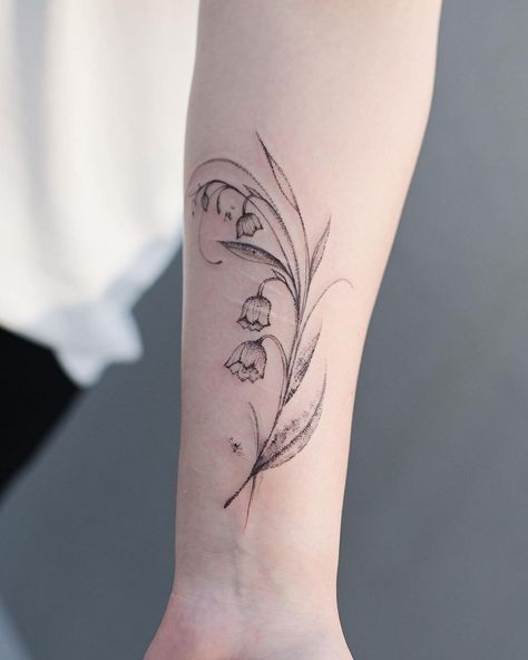 Swedish Tattoo, Lily Of The Valley Tattoo, Tricep Tattoos, Valley Tattoo, Lily Flower Tattoos, Anklet Tattoos, Lily Of The Valley Flowers, Birth Flower Tattoos, Lily Tattoo