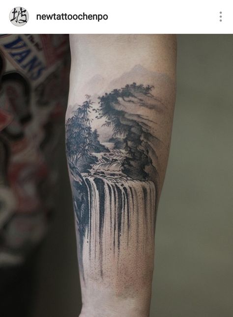 Waterfall Tattoo, Wrist Tattoos Words, Samurai Tattoo Sleeve, Shoulder Sleeve Tattoos, Heaven Tattoos, Landscape Tattoo, Warrior Tattoos, Tattoo Now, Doodle Tattoo