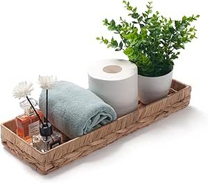 Woven Bathroom Vanity Tray for Storage Water Hyacinth Back of Toilet Basket Long Narrow Guest Towel Holder (Natural 16.3 x 6.1 x 2 inch) Top Of Toilet Decor Ideas, Back Of Toilet Basket, Back Of Toilet Decor Ideas, Bathroom Vanity Organization Countertops, Greenery Bathroom Decor, Bathroom Organizer Ideas, Toilet Basket, Soap Tray Bathroom, Bathroom Trays