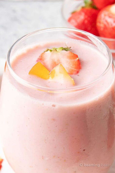 Strawberry Peach Smoothie - Beaming Baker Peach Smoothie Recipes Healthy, Strawberry Oatmeal Smoothie, Strawberry Peach Smoothie, Beaming Baker, Vanilla Protein Smoothie, Peach Smoothie Recipes, Strawberry Mango Smoothie, Frozen Fruit Smoothie, Peach Strawberry