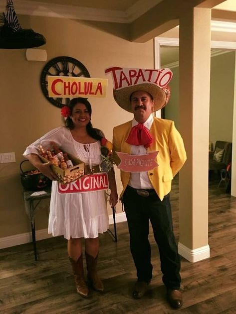 Tapatio And Cholula Costume, Spanish Halloween Costumes, Tapatio Costume, Halloween Costumes Mexican, Mexican Couple Costume Ideas, Hot Sauce Costume, Halloween Housewarming Party, Mexican Halloween Costume, Parents Relationship