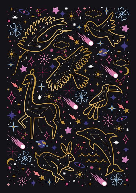 Carly Watts Illustration: Animal Constellations #space #stars #constellations #comet #shootingstar Astronomy Telescope, Whatsapp Wallpaper, Galaxy Art, Space And Astronomy, Cute Illustration, Drawing Techniques, Surface Pattern, Drawing Inspiration, Astronomy