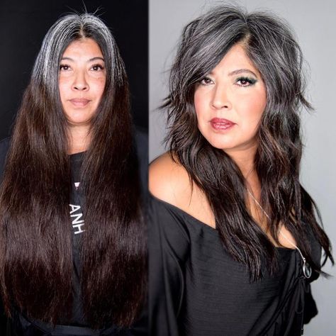 Long Sassy Gray Brown Shaggy Style Before and After Salt And Pepper Hair Color, Long Shaggy Hairstyles, Pepper Hair Color, Grey Brown Hair, Curly Shag, Pepper Hair, Shaggy Hairstyles, Long Shaggy, Gray Balayage