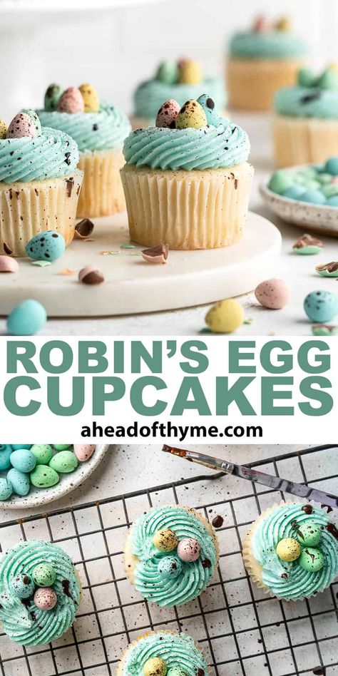 Robin’s Egg Cupcakes are a fun and festive treat you need to try this Easter. Moist and fluffy vanilla cupcakes are topped with blue buttercream frosting, mini eggs, and speckled with chocolate. They are just as delicious as they are pretty to look at. Have fun making these Easter cupcakes in under one hour — or faster if you get the kids to help. The perfect holiday dessert for Easter parties or gift to family and friends. | aheadofthyme.com #robinseggcupcakes #easterc... via @aheadofthyme Easter Cupcakes Easy, Cadbury Mini Eggs, Egg Cupcakes, Easter Desserts Recipes, White Cupcakes, Homemade Frosting, Kid Desserts, Festive Desserts, Cupcake Recipe