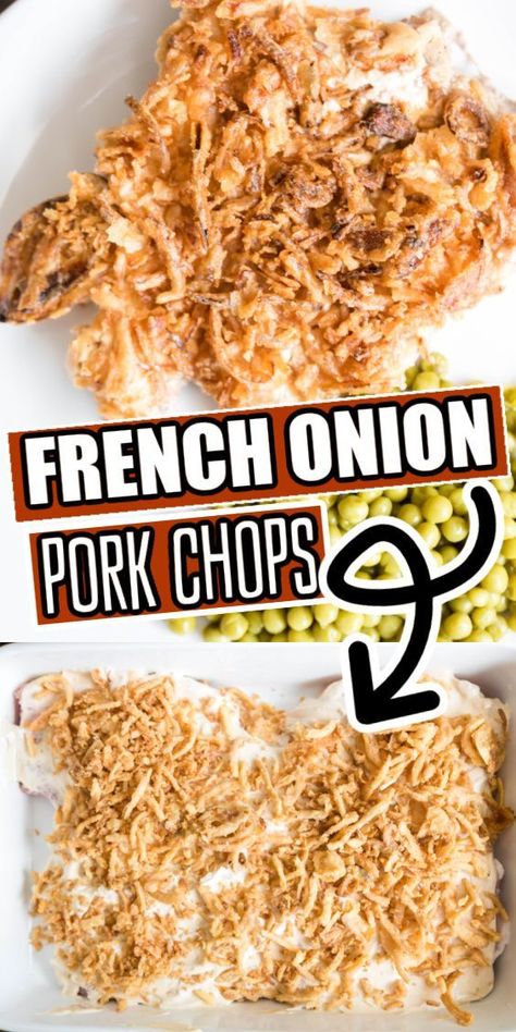 This 4 ingredient dinner is one you will want to make over and over again. This French Onion pork chops recipe is loaded with flavor. Crazy simple to make, but family friendly. Sour cream, French Onion soup mix, tender pork chops topped with crispy golden French onions. An easy pork chop weeknight dinner to try out. 4 Ingredient Dinner, Pork Loin Chops Recipes, Onion Pork Chops, French Onion Pork Chops, Boneless Pork Chop Recipes, Tender Pork Chops, Easy Pork Chops, Easy Pork Chop Recipes, Pork Chop Recipes Baked