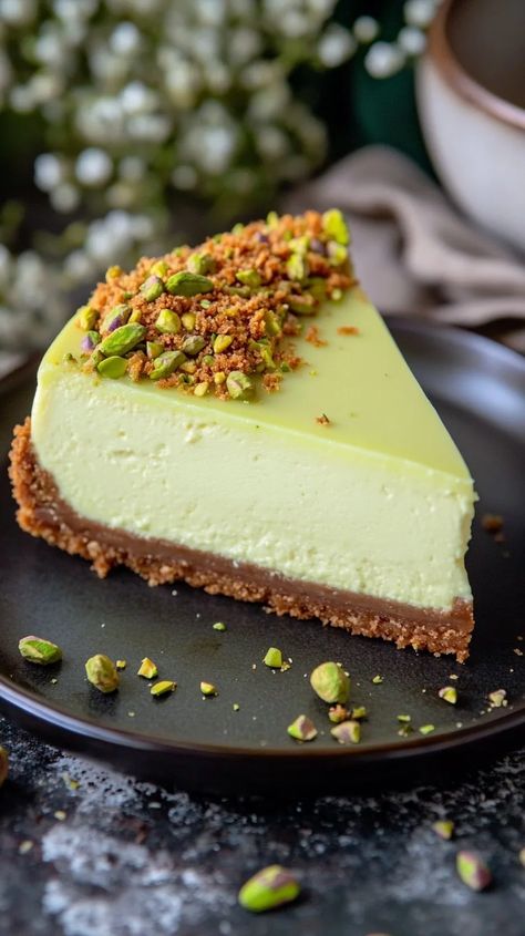 Decadent Pistachio Cream Cheesecake Recipe Italian Pistachio Cheesecake, Pistachio Cheesecake Recipe, Fantasy Fudge, Passionfruit Cheesecake, Pistachio Dessert, Pistachio Cheesecake, Cranberry Cheesecake, Pistachio Butter, Sweet White Wine