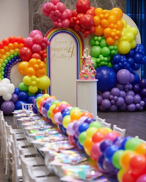 How perfect are the rainbow balloons! Toy Story Decorations, Balloon Inspiration, Rainbow Balloon Arch, Balloon Gifts, Rainbow Themed Birthday Party, Rainbow First Birthday, Rainbow Theme Party, Arch Backdrop, Balloon Ideas