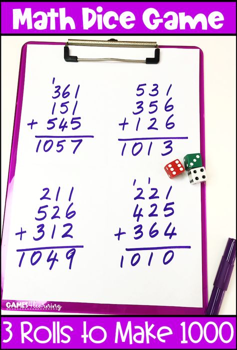 Math Dice Game Challenge - Kids love the challenge of this math dice game for addition of 3 digit numbers. All you need are dice, pencil and paper and you are ready to go! A homeschool math game or use it in classroom in a math center. Great practice for addition with regrouping. There also other versions making this math dice game great for differentiation for first, second, third or fourth grade. Addition Games Fourth Grade, 3 Digit Addition Games, Addition Games Third Grade, Addition Of 3 Digit Numbers, Addition With Regrouping Games, Addition Math Games, Dice Math Games, 5th Grade Math Games, Pirate Week