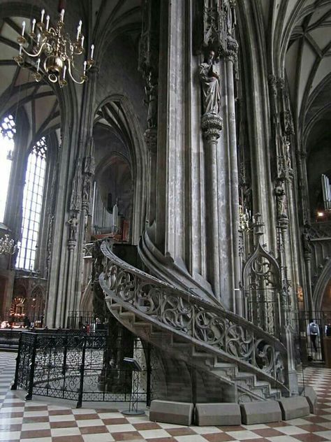 Spiral stone staircase inside St. Stephen's Cathedral in Vienna, Austria. The current Romanesque and Gothic form of the cathedral, seen today in the Stephansplatz, was largely initiated by Duke Rudolf IV (1339–1365) and stands on the ruins of two earlier churches. It was built between 1137-1160. Summer In Europe, Cathedral Church, Europe Summer, Stairway To Heaven, Gothic Architecture, Central Europe, My Summer, Vienna Austria, December 12