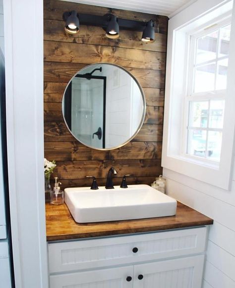 Stained wood walls behind the bathroom sink and bedroom loft add warm touches of color. #BathroomSink Tiny Home Bathrooms, Makeover Kamar Mandi, House Bathroom Designs, Bathroom Tub Shower, Sink Ideas, Ski Hill, Wood Walls, Tiny House Bathroom, Bathroom Design Inspiration