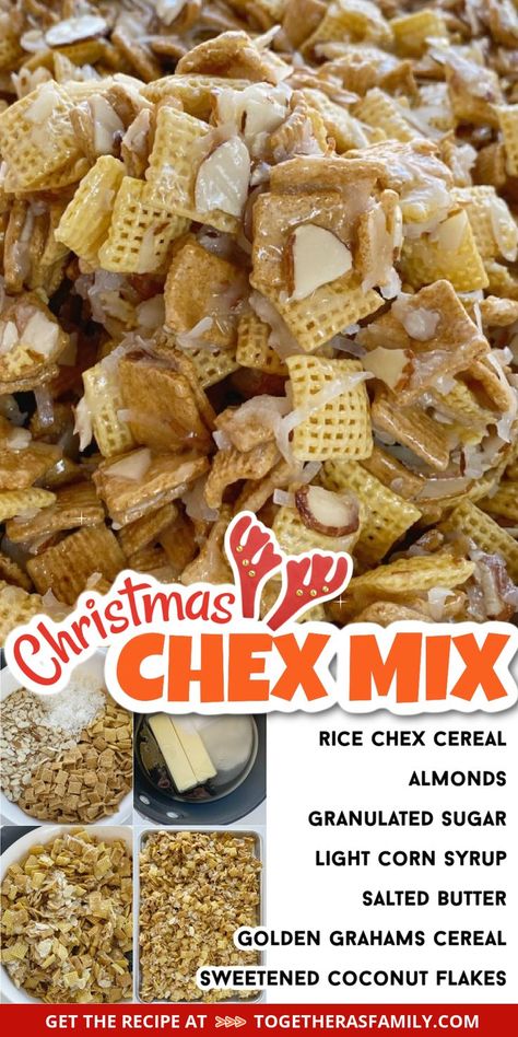 A picture of Chex mix plus a picture with the steps needed to make it. Text box with the title of the recipe in the center and a list of ingredients needed. Chex Mix Recipes Christmas, Christmas Chex Mix, Chex Mix Recipes Sweet, Christmas Snack Mix, Chex Recipes, Sweet Chex Mix, Chex Mix Christmas, Chex Mix Recipe, Golden Grahams