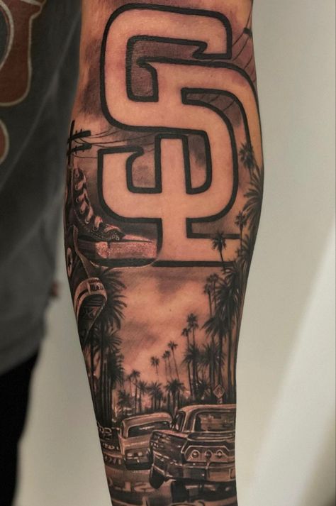 West Coast Sleeve Tattoo, San Diego Padres Tattoo, San Diego Inspired Tattoo, California Tattoo Sleeve, San Diego Tattoo Ideas, The Town Tattoo, Cholo Style Tattoo, La Tattoo Ideas, Chris Brown Neck Tattoo