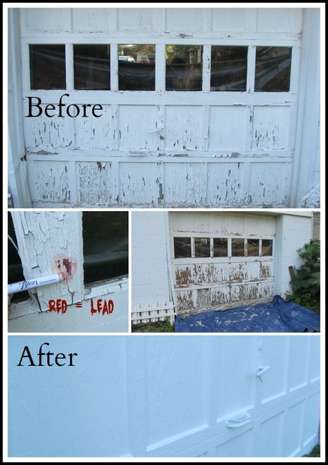 How a homeowner can deal with lead based paint on an out building.  Taking the right precautions, you can do it yourself safely and up to code. Repaint Garage Door, Wooden Garage Door Makeover, Wood Garage Door Makeover, Old Garage Door Makeover, Workshop Makeover, Garage Door Update, Door Update, Paint Pallets, Out Building