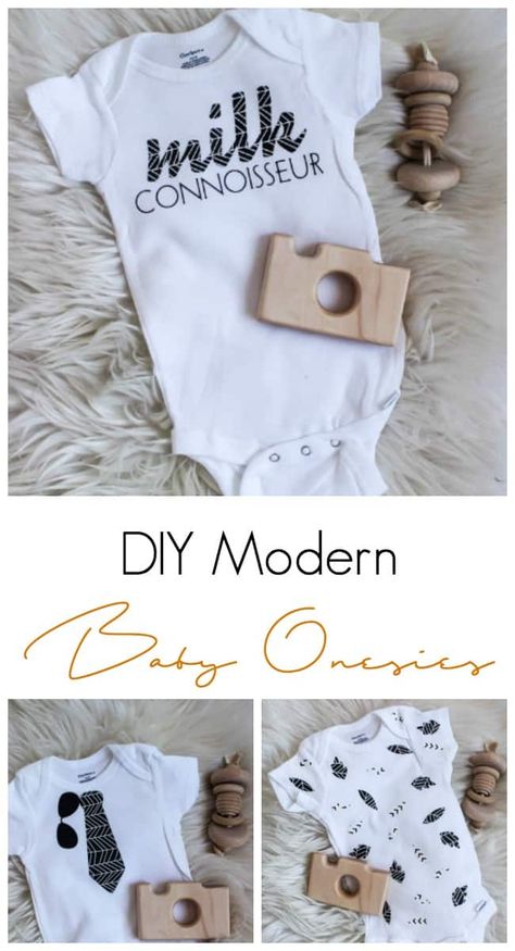 OH! These baby onesies are adorable! LOVE the modern design and the black and white! These DIY onesies were made with Cricut iron on vinyl and the new patterned iron on vinyl. Watch the video tutorial to see how easy it is to make them, and how to use your EasyPress for the heat transfer vinyl. Iron On Onesie Station, Vinyl Onesies, Diy Baby Onesies, Cricut Onesies, Diy Onesies, Baby Onesies Diy, Onesie Station, Onesie Ideas, Cricut Iron On Vinyl