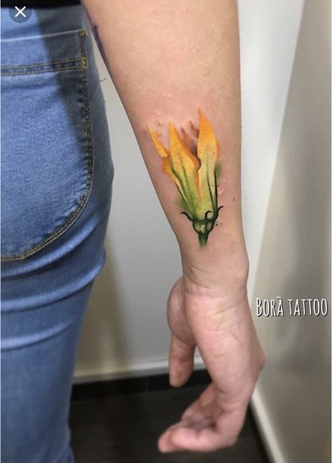 Squash blossoms tattoo Zucchini Flower Tattoo, Zucchini Tattoo, Blossoms Tattoo, Squash Flowers, Chef Tattoo, Sleeve Inspiration, Sisters Tattoo, Zucchini Flowers, Garden Tattoos