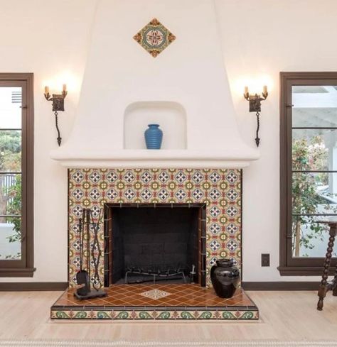 FIREPLACE, MALIBU TILE, SPANIHS TILE, SO | Fireplaces Spanish Style Fireplace Ideas, Spanish Fireplace Ideas, Mexican Tile Fireplace, Spanish Style Fireplace, Mediterranean Fireplace, Spanish Fireplace, Pretty Backyard, Tiled Fireplace, Hacienda Style Homes