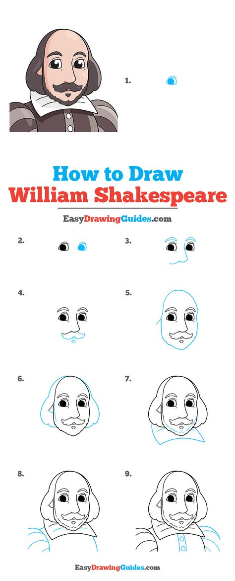 William Shakespeare Drawing, Shakespeare Drawing, Shakespeare Activities, Activity Pages For Kids Free Printables, Teaching Shakespeare, Drawing Characters, Drawing Lesson, Easy Drawing Tutorial, Drawing Tutorials For Kids