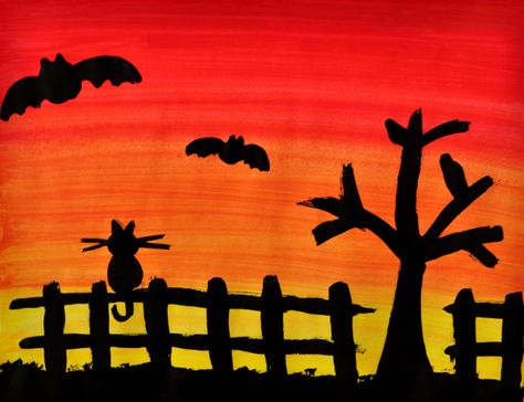 Spooky Silhouette painting Autumn Silhouette Art, Sunset Silhouette Painting, Blow Painting Art, Silhouette Trees, Class Art Projects, Halloween Art Projects, How To Make Orange, November Activities, Colorful Borders Design