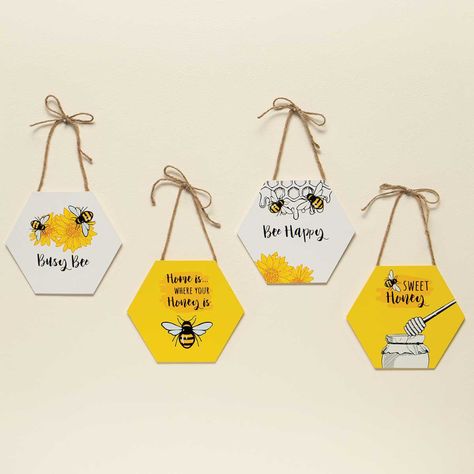 WOODEN HEXAGONAL BEE ORNAMENT YELLOW/WHITE - Click Image to Close Spelling Bee Decorations, School Room Decorations, Love Cards Handmade, Honey Bee Theme, Animal Crafts Preschool, English Classroom Decor, Summer Gnomes, Bee Themed Classroom, Bee Classroom