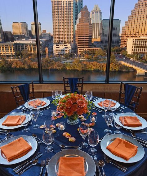 Navy blue and burnt orange Navy Blue Party Decorations, Blue Orange Weddings, Blue Fall Wedding, Orange Wedding Decorations, Orange Wedding Themes, Navy Blue Party, Blue Party Decorations, Burnt Orange Weddings, Orange Party