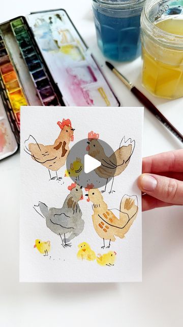 Anna Koliadych on Instagram: "The cutest idea for an Easter and Spring card with watercolor 🎨🐥🐓
#watercolor #watercolortutorial #easter #eastercard #craft #springiscoming #watercolorvideo" Watercolor Chicken Tutorial, Watercolour Easter Cards, Watercolor Chicken, Easter Watercolor, Watercolor Supplies, Spring Watercolor, Painting Spring, Animals Farm, Watercolor Video