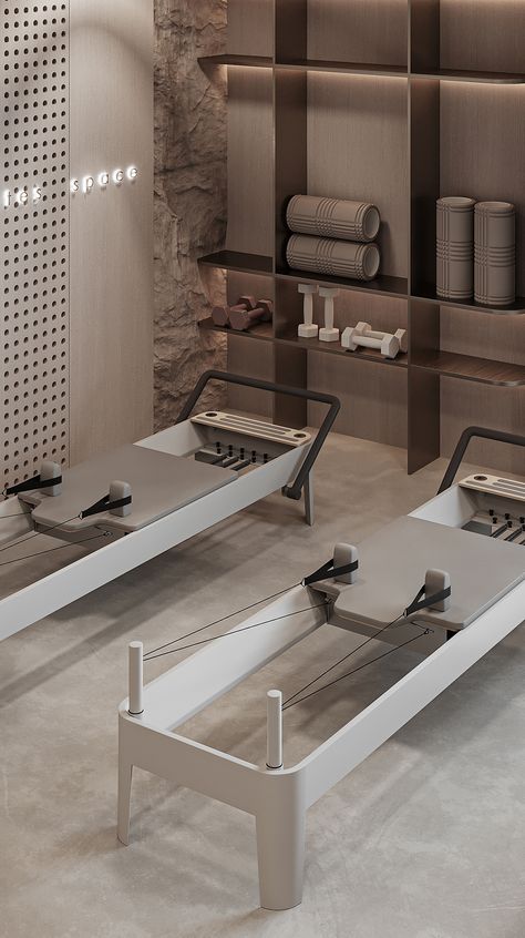 Pilates Studio Design Interiors, Pilates Yoga Studio, Home Pilates Studio, Pilates Room, Interior Design Behance, Gym Design Interior, Studio Pilates, Yoga Studio Design, Wellness Studio