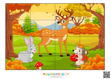 The game «Autumn Math Puzzle» will show preschoolers that solving examples is not tedious. In the task, the child needs to cope with 16 math problems to complete the puzzle with a colorful autumn illustration. First, you should print a free PDF file and glue the sheets with the landscape with animals (page 2) and tasks (page 3). As a result, you will get double-sided cards when you cut the glued sheets into separate elements. The received cards should be turned face down. There are two types of Puzzle For Kids Preschool, Puzzles For Kindergarten, Landscape With Animals, Autumn Puzzle, Preschool Puzzles, Free Printable Puzzles, Dramatic Play Preschool, Math Puzzles, Puzzle For Kids