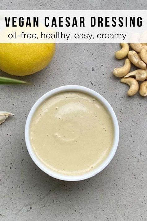 Vegan Cashew Caesar Dressing - Oil-free & Healthy Worchester Sauce, Vegan Caesar Salad Dressing, Caesar Salad Dressing Recipe, Vegan Caesar Dressing, Healthy Lunch Salad, Caesar Dressing Recipe, Vegan Bacon Bits, Creamy Salad, Vegan Caesar Salad