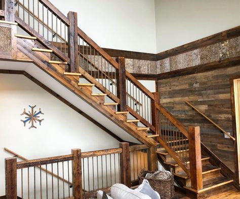 Reclaimed Timber Stair Railings - Enterprise Wood Products Shop Stairs Design, Rustic Staircase Ideas, Rustic Staircase Farmhouse Style, Wood And Metal Staircase, Rustic Stair Railing Ideas, Cabin Stairs, Loft Railing, Farmhouse Stairs, Wood Stair Treads