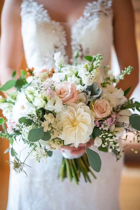 From vintage-inspired to contemporary, these 44 timeless pink and white bouquets fit any wedding style. Whether you're hosting a rustic outdoor event or a glamorous ballroom wedding, these floral arrangements will elevate your day. Don’t miss out! #weddingflowers #bridalstyle #timelessbouquet Soft Pink And White Bridal Bouquet, White And Pastel Bouquet, Blush And White Wedding Flowers, Pink And White Floral Arrangements, Traditional Wedding Bouquet, Inn Decor, White And Pink Bouquet, Pink And White Wedding Bouquet, Pink And White Bridal Bouquet