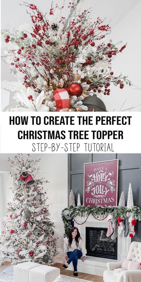 Christmas Tree Decor Diy Ideas, Christmas Trees Toppers, How To Top A Christmas Tree, Making A Christmas Tree Topper, How To Decor Christmas Tree, White Christmas Tree Topper Ideas, Christmas Treetops Tree Toppers, Top Of Tree Christmas Decor, Decorating Pencil Trees For Christmas