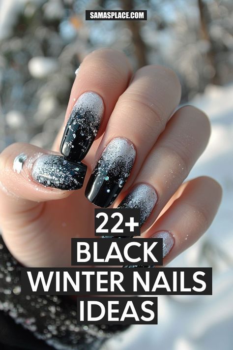 These almond-shaped nails feature a black base with a glitter fade, resembling falling snow. This glamorous look is perfect for winter parties and festive evenings. Black And Snowflake Nails, Black Nails Christmas Holidays, Black Nails With Ombre Glitter, Silver And Black Ombre Nails, Black And Silver Snowflake Nails, Christmas Nails Black And Silver, White Silver And Black Nails, Black Glitter Nail Ideas, Black White Glitter Nails