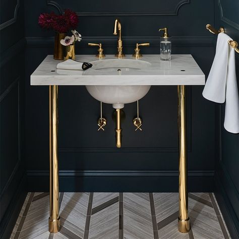 Waterworks on Instagram: “Making a formal statement: Our Foro faucet dresses up a bath with its finely etched vintage silver detailing. #ThePerfectBath…” Console Sink, Powder Room Design, Cheap Bathrooms, Bathroom Pictures, Bathroom Design Luxury, Lavatory Faucet, Rustic Bathroom, Black Bathroom, Guest Bathroom