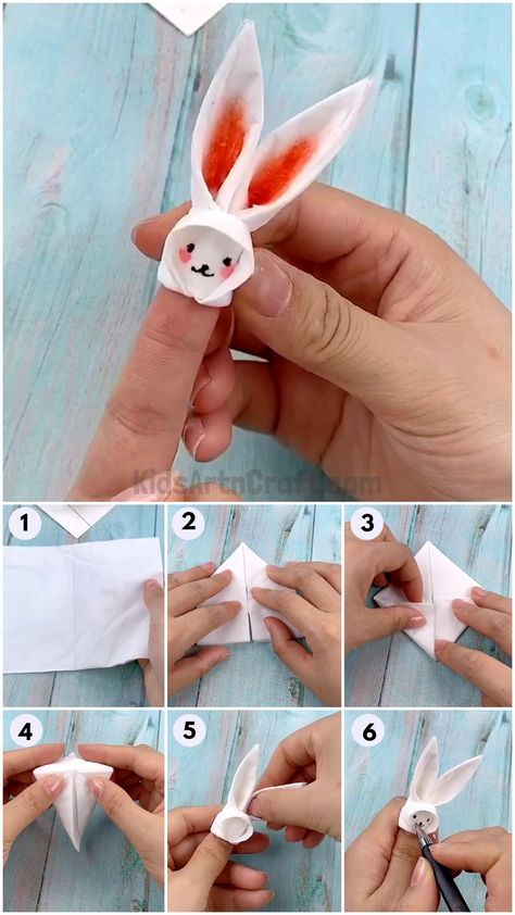 Tissue Paper Bunny Finger Puppet Craft For Kids Check more at https://www.kidsartncraft.com/tissue-paper-bunny-finger-puppet-craft/ Rabbit Tissue Paper, Bunny Tissue Paper Craft, Tissue Bunny, Paper Bunny Ears, Paper Finger Puppets, Bunny Finger Puppet, Bunny Origami, Bts Calendar, Nature Lessons