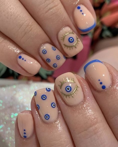 Protective Eye Nails, Short Nails Evil Eye Design, Evil Eye On Nails, Eye Of Protection Nails, Ojo Nail Design, 3rd Eye Nails, Seeing Eye Nails, Greek Eye Nail Art, Turkey Eye Nails