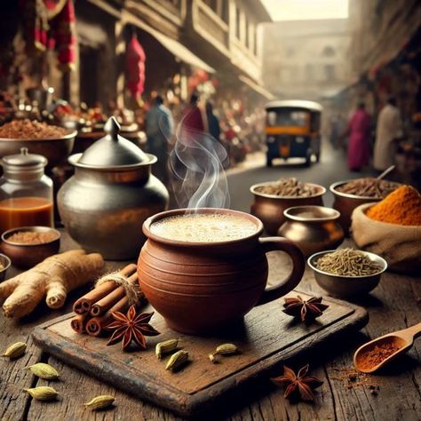 "A rustic setting with a clay cup of steaming chai tea. Accompanying spices like cardamom, cinnamon sticks, and ginger. Background showing a busy Indian street market or a cozy kitchen with traditional Indian elements." Indian Tea Set, Indian Tea Shop, Indian Street Market, Indian Chai Tea, Indian Elements, Indian Chai, Brew Tea, Indian Tea, Clay Cup