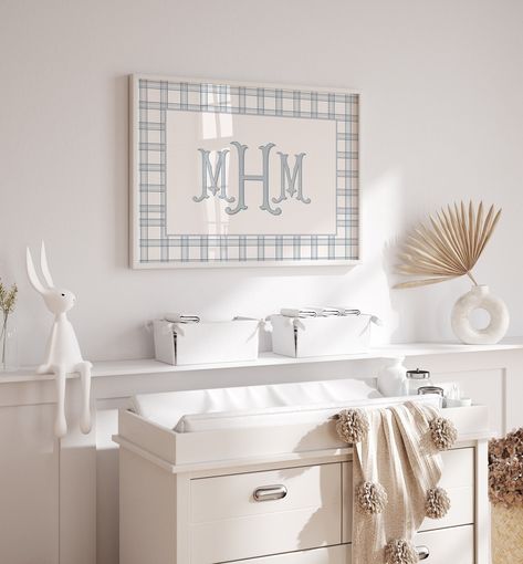 Baby Blue Nursery Boy, Preppy Boy Nursery, Baby Boy Wall Art, Light Blue Nursery, Baby Blue Nursery, Boy Nursery Wall Art, Blue Nursery Boy, Vintage Gingham, Monogram Wall Art