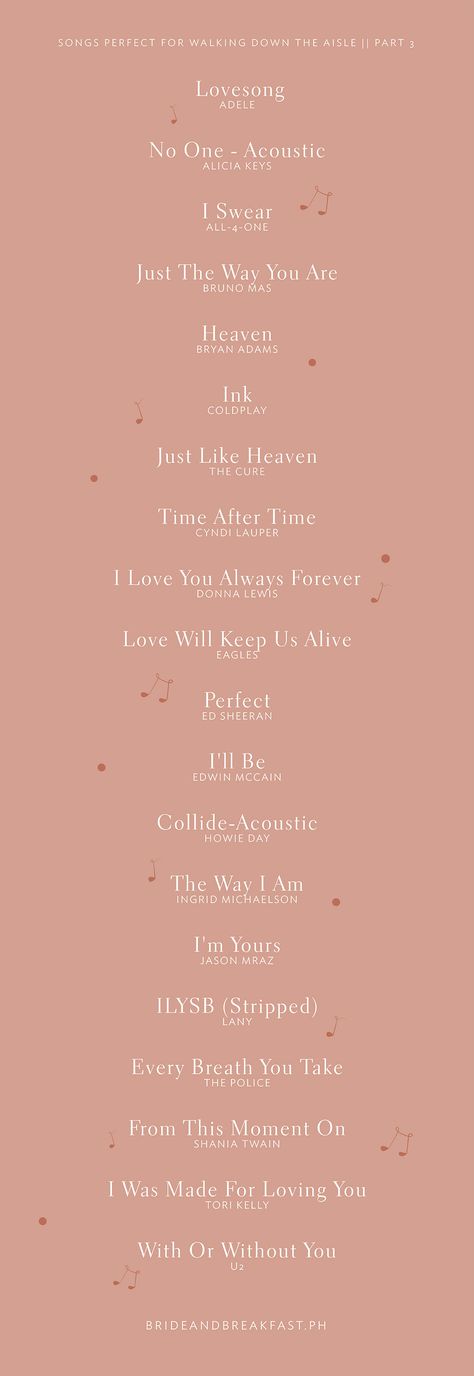 Songs Perfect For Walking Down The Aisle: Part 3 | https://brideandbreakfast.ph/2019/04/19/songs-for-walking-down-the-aisle-part-3/ Ink Coldplay, Wedding Aisle Songs, Wedding Song List, Wedding Rings Teardrop, Ceremony Songs, Bride And Breakfast, Just Like Heaven, Wedding Day Tips, Wedding Playlist