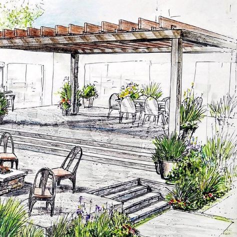 #ThrowbackThursday to our Sharp View project! Here is a view into the TLC  design process. Our vision featured a modern, terraced patio, decorated with plantings, and framed with a customized steel and cedar pergola. Construction just finished up this summer, and we are excited to see another rendering turn into reality! 🍃 Swipe to see for yourself!  #landscapedesign #landscapearchitecture #landscape #design #boulder #colorado #iamapld #apld #sketch #render #draw Pergola Sketch, Patio Sketch, Pergola Drawing, Backyard Sketch, Terrace Drawing, Landscape Architecture Sketch, Garden Design Sketch, Terraced Patio, Garden Sketches