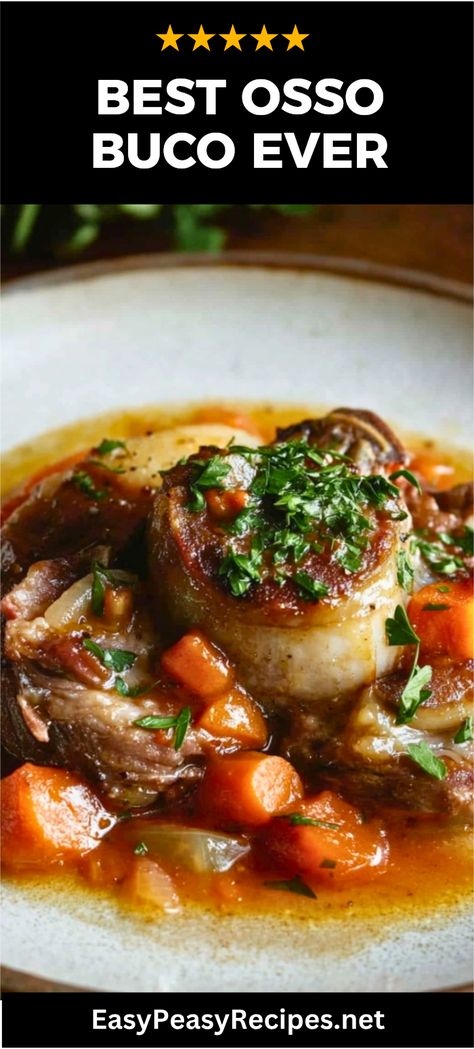 Looking for a warm and hearty dinner? Try this classic Italian Osso Buco recipe that's simple to follow and bursting with flavors! Cook tender veal shanks slowly, allowing the meat to melt off the bone, and serve it with creamy risotto or mashed potatoes for a beautiful meal. This authentic Italian dish is perfect for special occasions or a cozy night in. Adding gremolata on top enhances the flavor of your serving. Get ready to impress your loved ones with this culinary delight—a tender and flavorful meal that both kids and adults will love! Best Authentic Italian Recipes, Easy Authentic Italian Recipes, Italian Dinner Side Dishes, Italian Food Recipes Authentic, Veal Osso Bucco Recipe, Beef Osso Bucco Recipe, Northern Italian Recipes, Ossobuco Recipe, Beef Osso Bucco