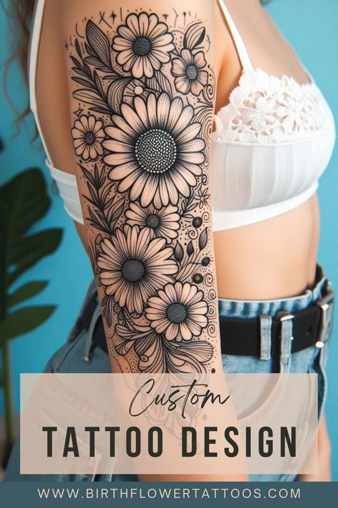 🌸✨Black and White Flower Tattoo | April Birth Flower Neo-Traditional Design✨🌹 Sunflower And Wildflower Tattoo, Flower Tattoo Coverup, Daisy Tattoo Designs Vintage, Daisy Tatoos, Gerbera Daisy Tattoo, White Flower Tattoo, Daisy Flower Tattoo, Arm Flower Tattoo, April Birth Flower Tattoo