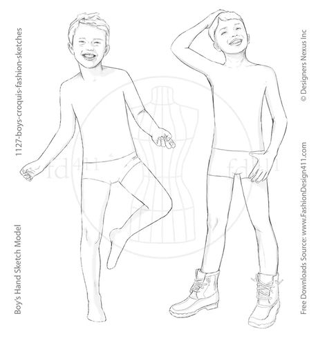 This hand sketched fashion croquis set features front-view of two boys in dynamic poses, capturing their lifelike proportions. Kids Croquis Illustration, Kids Croqui, Kid Poses Drawing Reference, Kids Fashion Illustration, Niharika Jain, Children Fashion Sketch, Figure Template, Fashion Croquis, Deconstruction Fashion