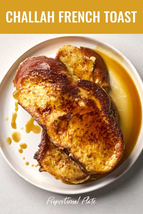 Two slices of french toast with maple syrup on a white plate. Challah Bread French Toast, Easy Challah, The Best French Toast, Homemade Brunch, Challah Bread Recipes, Challah French Toast, Best French Toast, Challah Bread, French Toast Recipe