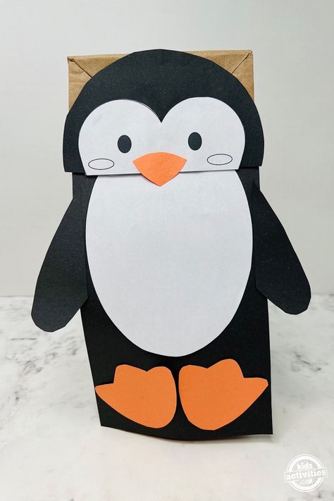 Penguin Paper Bag Puppet, Penguin Puppets Paper Bags, Paper Bag Winter Crafts For Kids, Penguin Puppet Craft, Paper Bag Puppet Ideas, Penguin Crafts For Kids, Penguin Puppet, Penguin Template, Make A Paper Bag